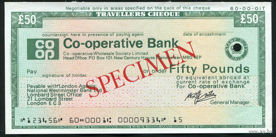 Дорожный чек Образец 50 фунтов стерлингов Банк Co-operative Bank Англия