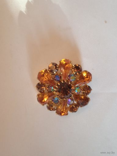 Винтажная брошь медовые стразы  Чехословакия