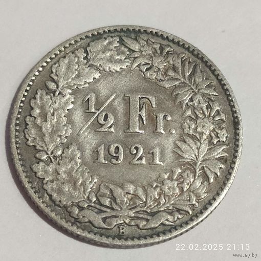 1/2 франка. 1921 г 835пр.,Швейцария.