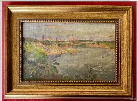 Дмухайло И.С "Вид на Гродно",1987г. Картон, масло. Размер 27х17,5 см.