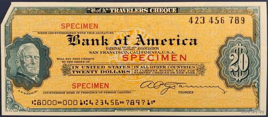 20 долларов. Дорожный чек. Bank of America. Образец. aUnc. 1965 г.