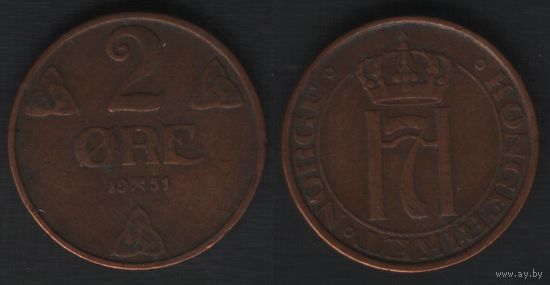 Норвегия km371 2 эре 1951 год (nf01