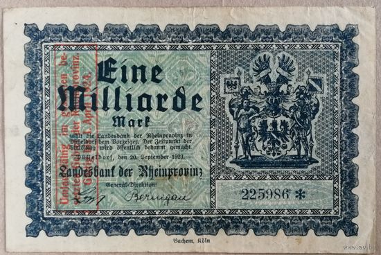 Германия 1 миллиард марок 1923 г Дюссельдорф XF, В/З, надпечатка срока действия 1 апреля 1924