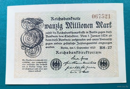 20000000  марок 1923  REICHSBANKNOTE  Веймарская республика  Берлин ZWANZIG  MILLIONEN MARK