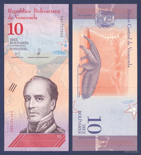 Венесуэла, 10 боливаров 2018 г, P-103 (C, генерал Рафаэль Урданета, муравьед), UNC