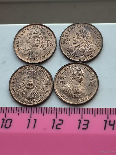 Памятные медали (жетоны) ФРГ. Лот состоит из 4-х штук. Медь. Чеканка. Вес 1,8 грамма. Диаметр  18,1 мм. Толщина 1,2 мм. Медали не чищены. 45255