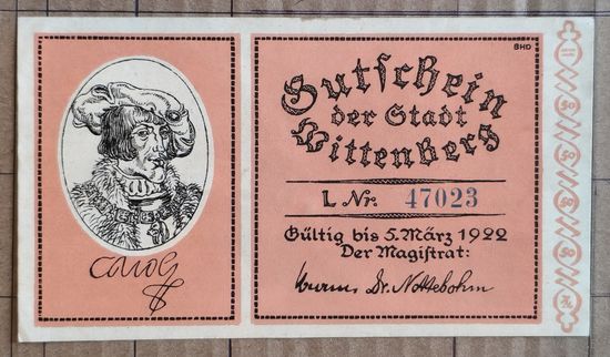 Германия 50 пфеннигов 1922 г Виттенберг, N 1443.3, литера L