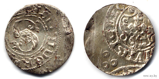 Шеляг 1620, Сигизмунд III Ваза, Рига, интересное смещение штемпеля. Остатки штемпельного блеска