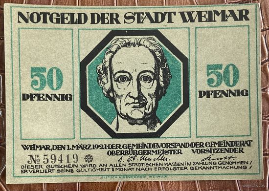 Нотгельд 50 пфеннигов 1921 год. Веймар,. Веймарская республика