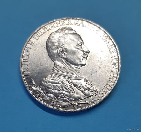 Германия. 1913 год. 3 марки. Вильгельм II. Мундир. Серебро