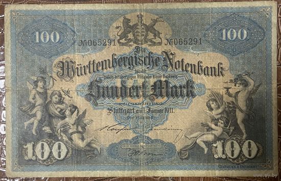 Банкнота 100 марок 1911 год. Вюртемберг. Германская империя