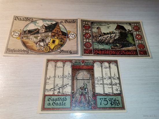 Нотгельды номиналом 75 пфениннгов , 1921 года, город Зальфельд на Заале, Германия.