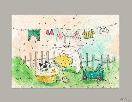 Открытка. Коты. Котики. Котята. Семья. Стирка. Фауна, животные. Лето, дача, купание. Коляска. Худож. А.Еременко (чистая)