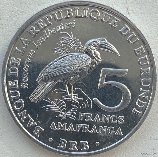 Бурунди 5 франков 2014 г. Птицы. Кафрский рогатый ворон