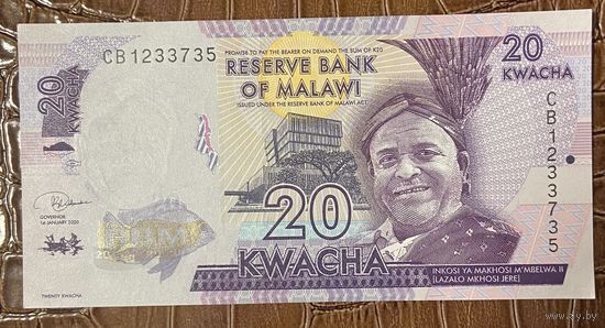Банкнота Малави 20 квача 2020 год. НЕ БЫЛА В ОБОРОТЕ