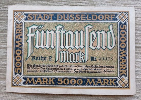 Werty71 Германия 5000 марок 1923 банкнота Гроссгельд Дюссельдорф 1
