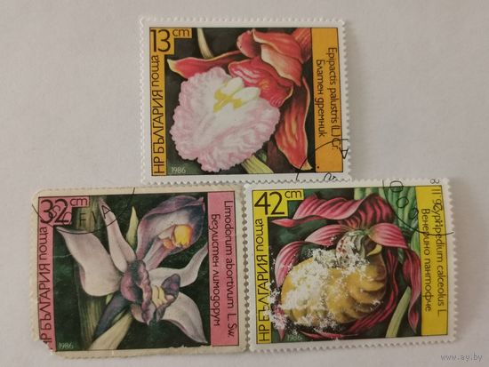 Марки из серии "Орхидеи" - Дремлик болотный (Epipactis palustris), Лимодорум недоразвитый (Limodorum abortivum) и Венерин башмачок настоящий  (Cypripedium calceolus)