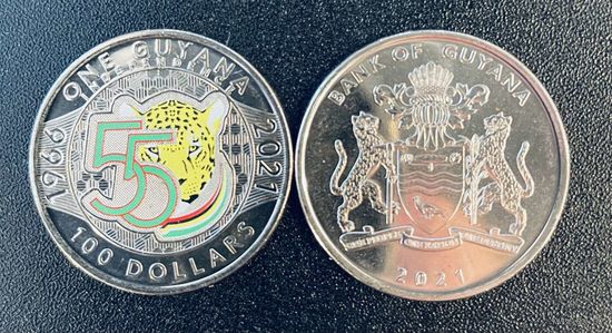 Гайана 2021 100 долларов 55 лет независимости Unc из Ролла Цветная