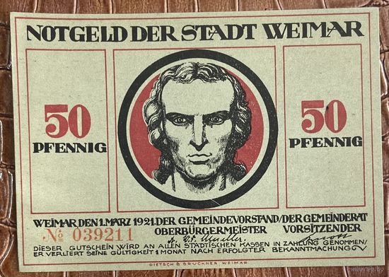 Нотгельд 50 пфеннигов 1921 год. Веймар,. Веймарская республика