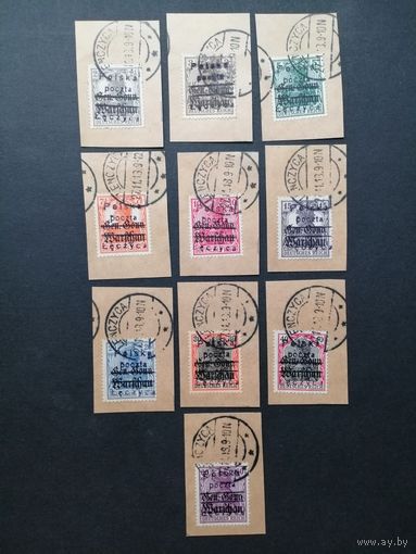 Польша 1918 Марки с надпечаткой "Polska Poczta Leczyca" на вырезках с марками Германии 1914/1918 годов выпуска оккупационной дирекции в Варшаве Mi.6-10,12-16 (гашение LENCZYCA) каталог 25.00 евро