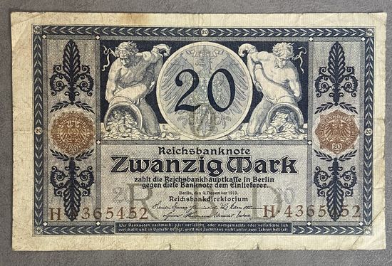 Банкнота 20 марок  1913 год. Германская империя. С рубля без МЦ.