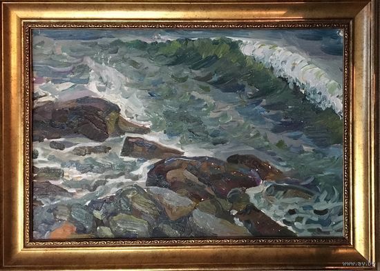 Крохалев П.С (Крохолев) Море и камни,1971 г. К/М. 34х50 см; с рамой - 43х59 см.