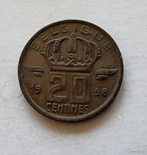 Бельгия 20 сантимов, 1958 Надпись на французском - 'BELGIQUE'