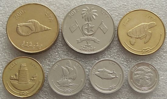 Мальдивы. набор 7 монет 1, 5, 10, 25, 50 лари 1, 2 руфии 2007 - 2012 год