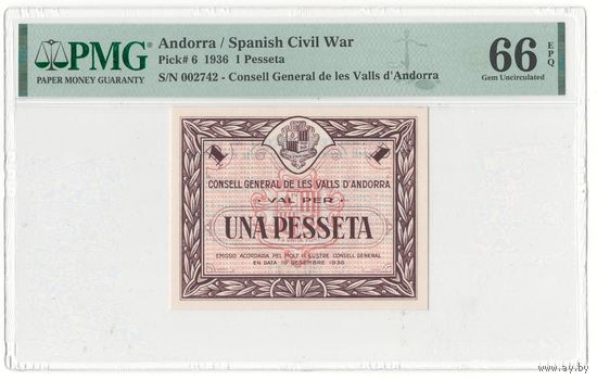 Андорра 1 песета 1936 года. Тип Р-6. Состояние UNC! В слабе PMG 66