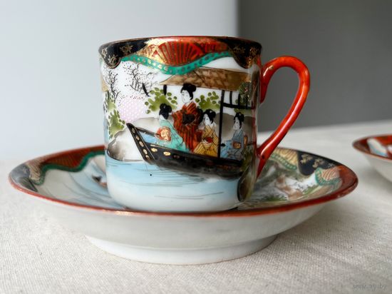 Чайная кофейная пара шинуазри Япония 19 век тонкостенный фарфор мейдзи