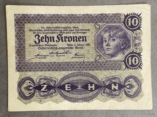 Банкнота 10 крон 1922 год. Австрия.