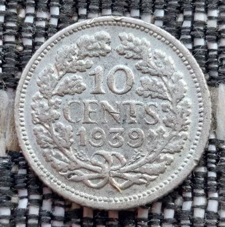 Нидерланды 10 центов 1939 года. Королева Вильгельмина. II Мировая война. Серебро! Сторгуй за свою цену, предложи обмен!