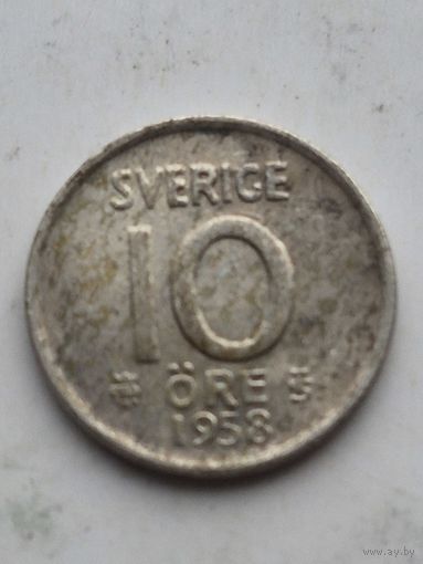 10 эре 1958 года Швеция. Серебро 400. Монета не чищена. 45214