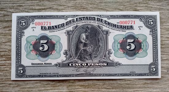 Werty71 Мексика 5 песо Чихуахуа 1913 аUNC банкнота большой формат Банк штата Чиуауа