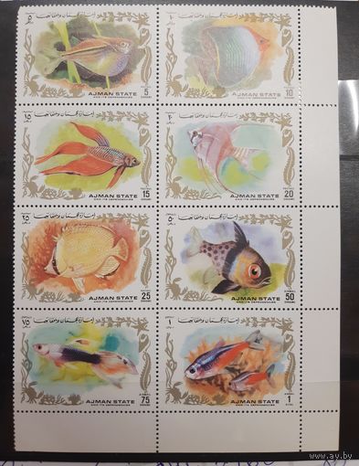 Аджман. 1972 год. Фауна. Рыбы. Сцепка 8 марок (80)