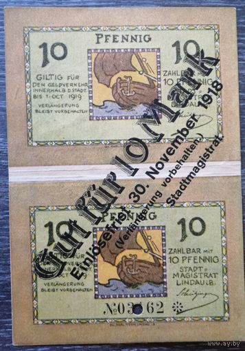Германия 2 х 10 пфеннигов 1919 год Линдау (Lindau) с надпечаткой 10 марок, UNC, банковское гашение
