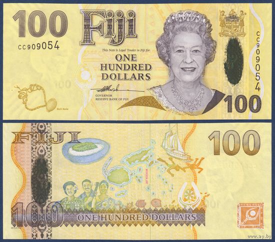 Фиджи, 100 долларов 2007 г., P-114 (CC, королева Елизавета II, карта Фиджи), UNC