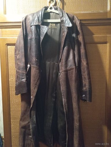 Плащ кожаный винтажный коричневый, унисекс, б/у