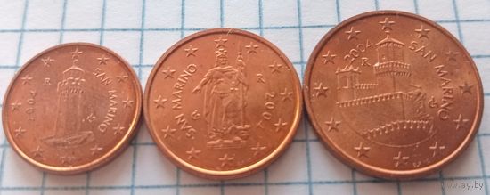 Три монеты Сан-Марино 1,2 и 5 евроцентов 2004 года