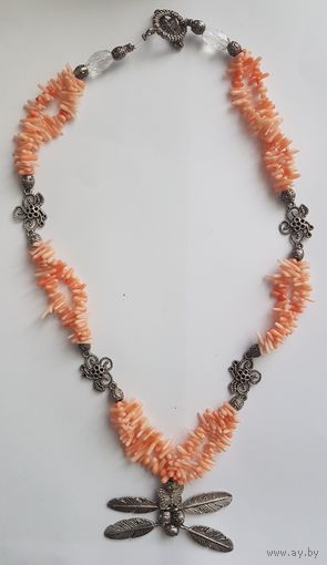 Бусы коралловые,  натуральный камень коралл, подвеска мельхиор, двойные,  колье длина 55 см плюс подвеска 5 см. 60-70-е годы, Германия