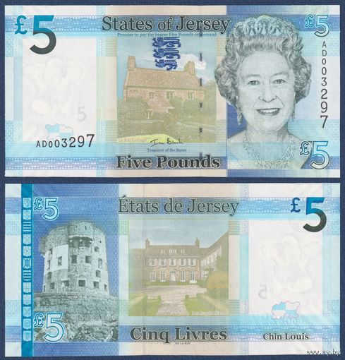 Джерси, 5 фунтов 2010 г., P-33a (AD, королева Елизавета II, коттедж Le Rat), UNC