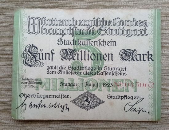 Werty71 Германия 5 миллионов 5000000 марок 1923 Штутгарт 5 000 000 банкнота гроссгельд