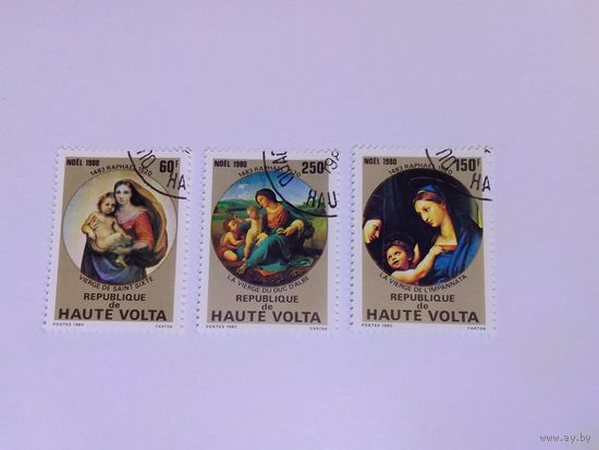 Марки  Живопись Рафаэль Искусство Мадонна 1980 г.    Буркина-Фасо (Верхняя Вольта)       3 шт -  2руб