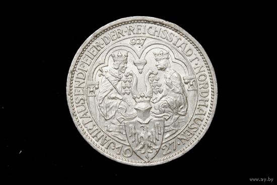 3 марки (рейхсмарки) 1927 г. Веймарская республика (Германия), Пауль фон Гинденбург. "1000 лет Нордхаузену". Штемпельный блеск!