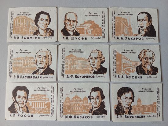 Спичечные этикетки ф.Белка. Русские архитекторы. 1963 год