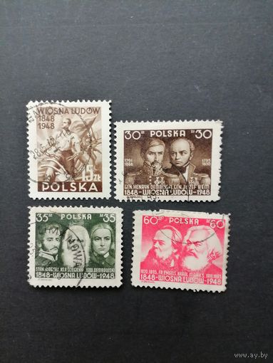 Польша 1948 Полная серия марок "100 лет революции 1848 года" (гашение без клея с наклейками) Mi.497-500 каталог 2.40 евро