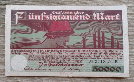 Werty71 Германия 50000 марок 1923 банкнота Гроссгельд Мёнхенгладбах Гладбах