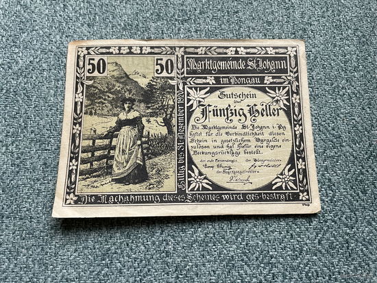 Австрия Нотгельд Market Town of Sankt Johann im Pongau (Salzburg) 50 геллеров 1920 год