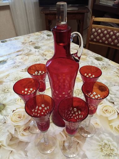 Набор фужеров 6 шт.с графином красный рубиновый хрусталь