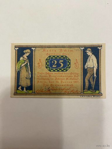Нотгельд 25 пфеннигов 1921 год. Коммуна Ульхим. Веймарская республика - 2201